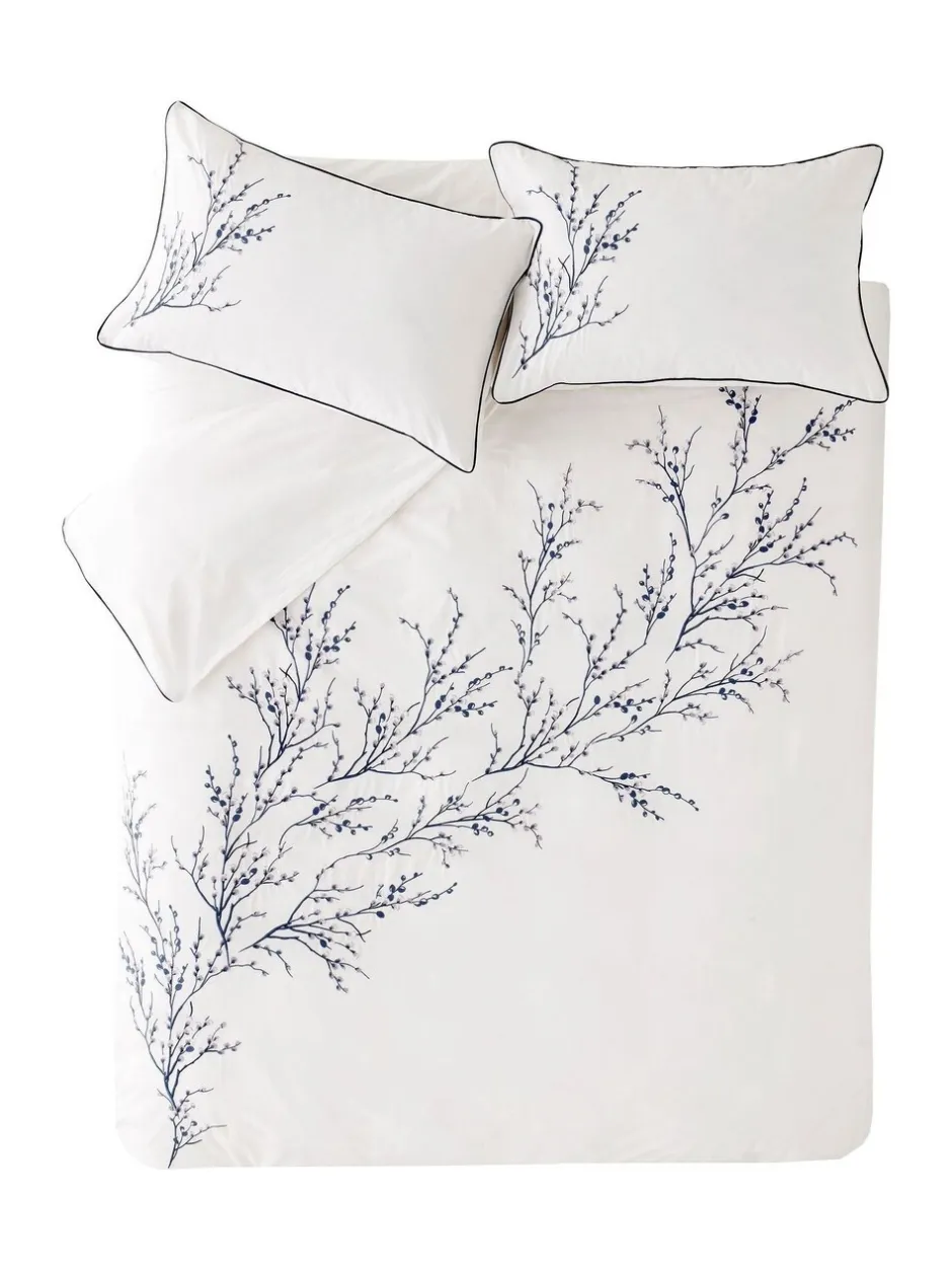 Merkbeddengoed*Laura Ashley 100% katoen perkal 200 draadtelling Pussy Willow Sprig geborduurd dekbedovertrek en kussensloopset Middernachtelijk blauw