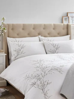 Merkbeddengoed|Laura Ashley 100% katoen perkal 200 draadtelling Pussy Willow Sprig geborduurd dekbedovertrek en kussensloopset Duifgrijs