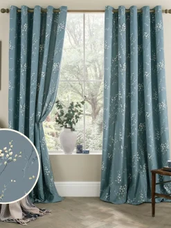 Laura Ashley*Laura Ashley ringgordijnen met voering en wilgenkatjesprint Blauwe donkere zeesproeiing