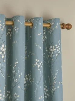 Laura Ashley*Laura Ashley ringgordijnen met voering en wilgenkatjesprint Blauwe donkere zeesproeiing