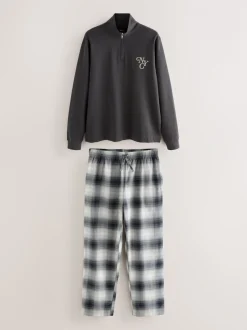 Pyjama's|Next Leisteen grijs - Long Sleeve Embroidered Quarter Zip Pyjamas Set