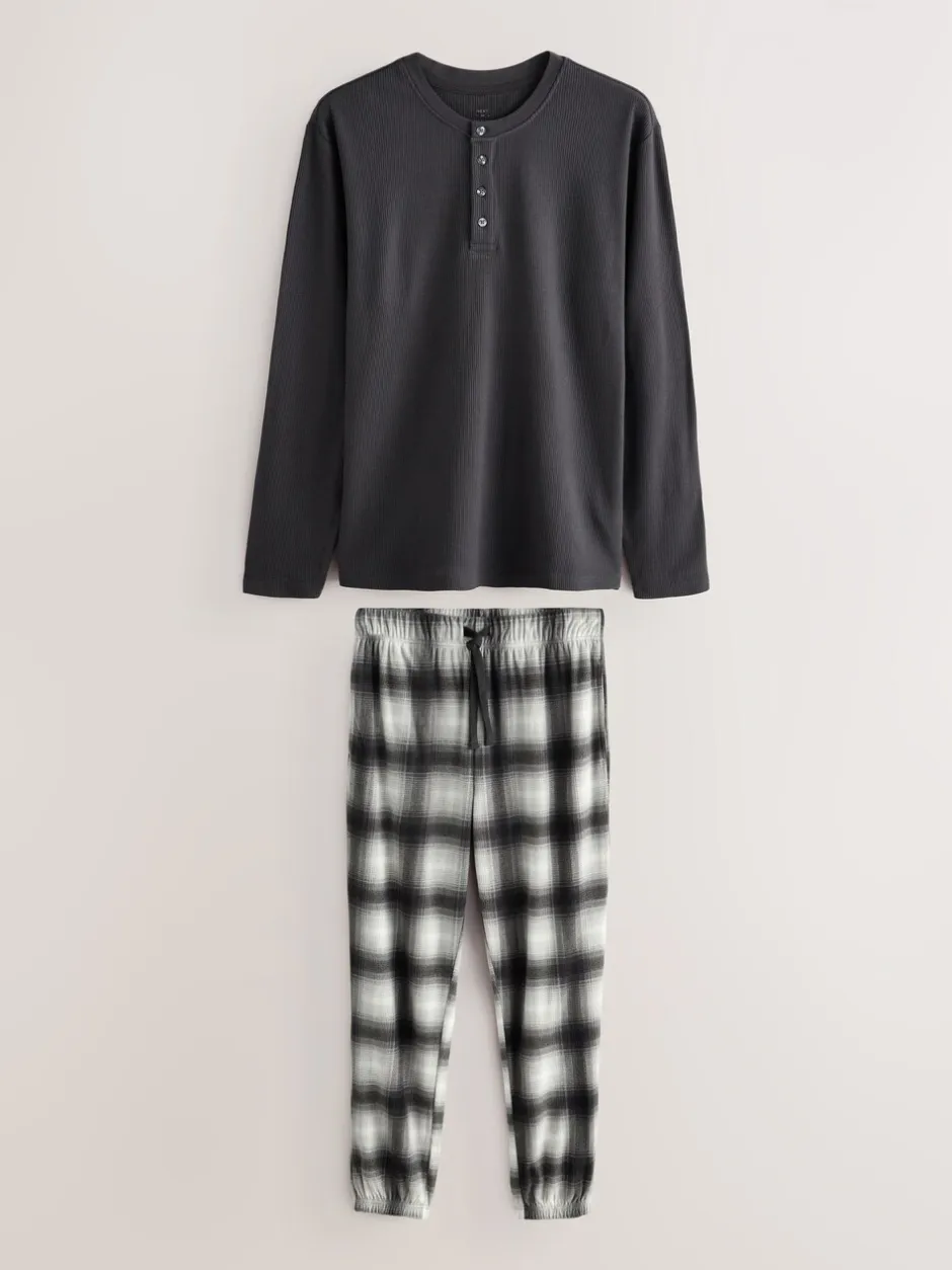 Pyjama's|Loungewear|Next Leisteengrijs geruit - Motionflex Textured Cosy Long Sleeve Pyjamas Set