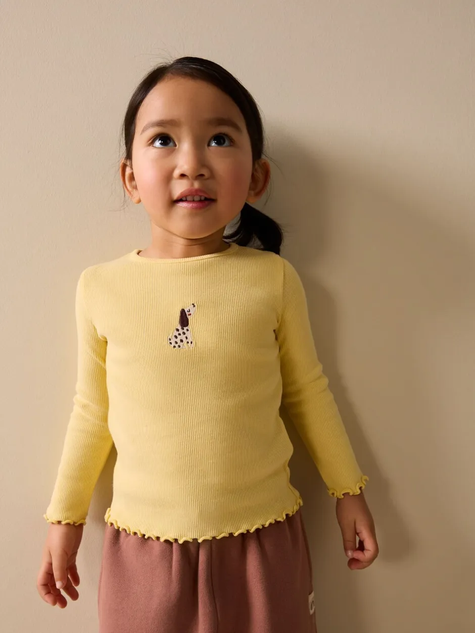 T-Shirts*Next - Long sleeve Embroidered Ribbed Top (3mths-7yrs) Lemon Yellow Dog