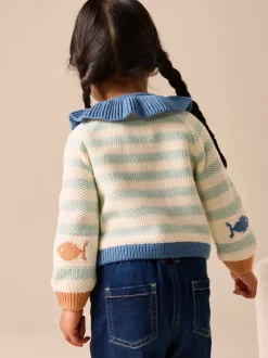 Gebreide Kleding*Next Lichtblauw - Collared Fish Stripe Cardigan (3mths-7yrs)