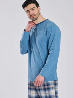 Pyjama's|Loungewear|Loungeable - Pyjama's Set van jersey top en geborstelde Ruit Broeken Lichtblauw