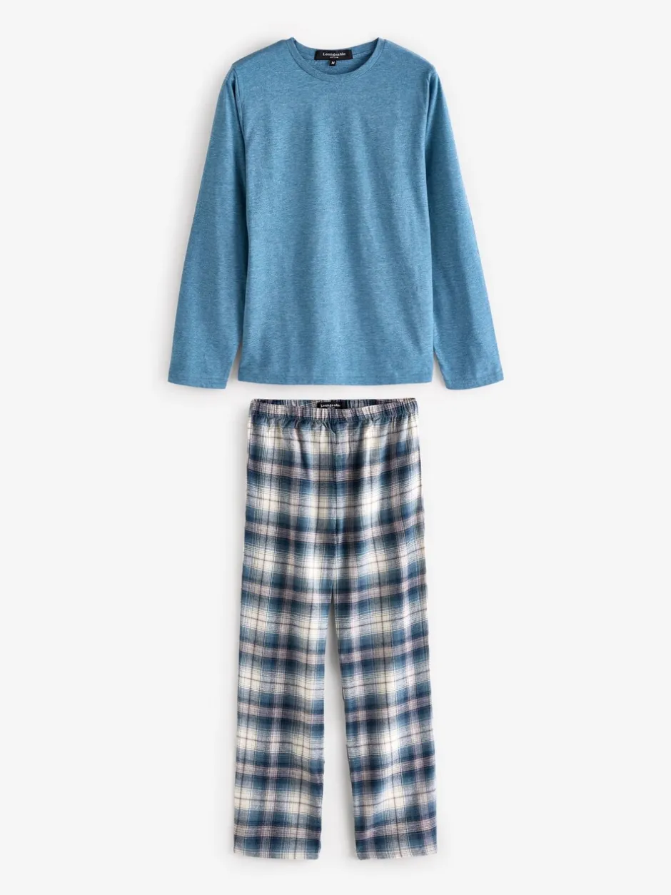 Pyjama's|Loungewear|Loungeable - Pyjama's Set van jersey top en geborstelde Ruit Broeken Lichtblauw