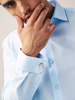 Formele Overhemden|Shirts*Next - Normale Pasvorm - Strijkvrij net overhemd met dubbele manchet Lichtblauw
