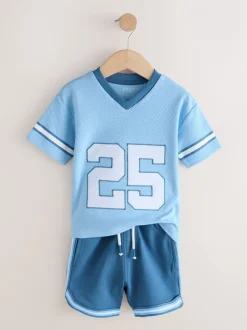 Shorts*Next - Short Sleeve Varsity Shorts Set (3mths-7yrs) Lichtblauw