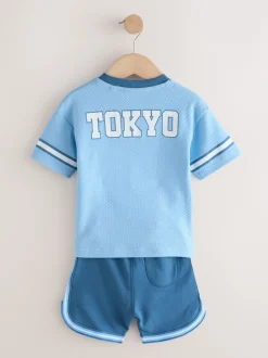 Shorts*Next - Short Sleeve Varsity Shorts Set (3mths-7yrs) Lichtblauw