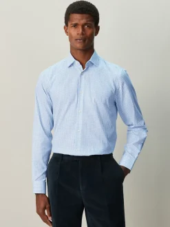 Formele Overhemden*Next - Cotton Rich Long Sleeve Formal Shirt Lichtblauwe gingham-ruit