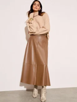 Rokken|Friends Like These - Faux Leather Midi Skirt Lichtbruin