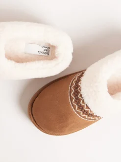 Pantoffels|Friends Like These - Faux Fur Cuff Embroidered Tape Nightwear Mule Slippers Lichtbruin