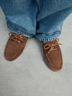 Lage Schoenen|Next - Leren bootschoenen met ronde neus Lichtbruin