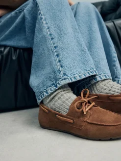 Lage Schoenen|Next - Leren bootschoenen met ronde neus Lichtbruin