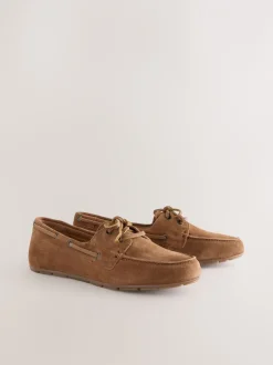 Lage Schoenen|Next - Leren bootschoenen met ronde neus Lichtbruin