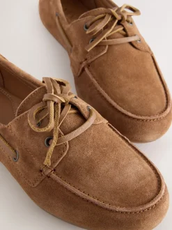 Lage Schoenen|Next - Leren bootschoenen met ronde neus Lichtbruin