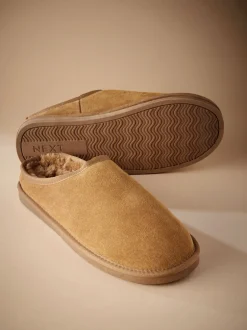 Pantoffels|Loungewear*Next - Met imitatiebont gevoerde Signature suède pantoffelmuiltjes Lichtbruin
