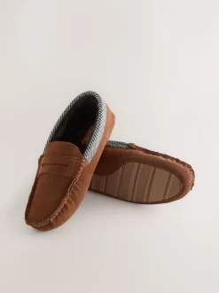 Pantoffels*Next - Signature Suede Fabric Trim Moccasin Slippers Lichtbruin