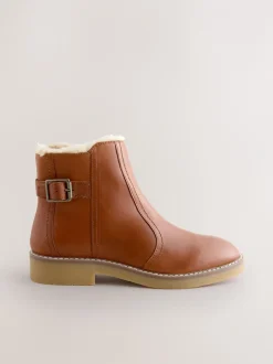 Ruimvallend En Extraruimvallend|Boots*Next - Forever Comfort® Faux Fur Lined Buckle Trim Ankle Boots Lichtbruin leer