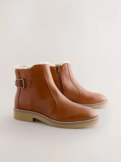 Ruimvallend En Extraruimvallend|Boots*Next - Forever Comfort® Faux Fur Lined Buckle Trim Ankle Boots Lichtbruin leer