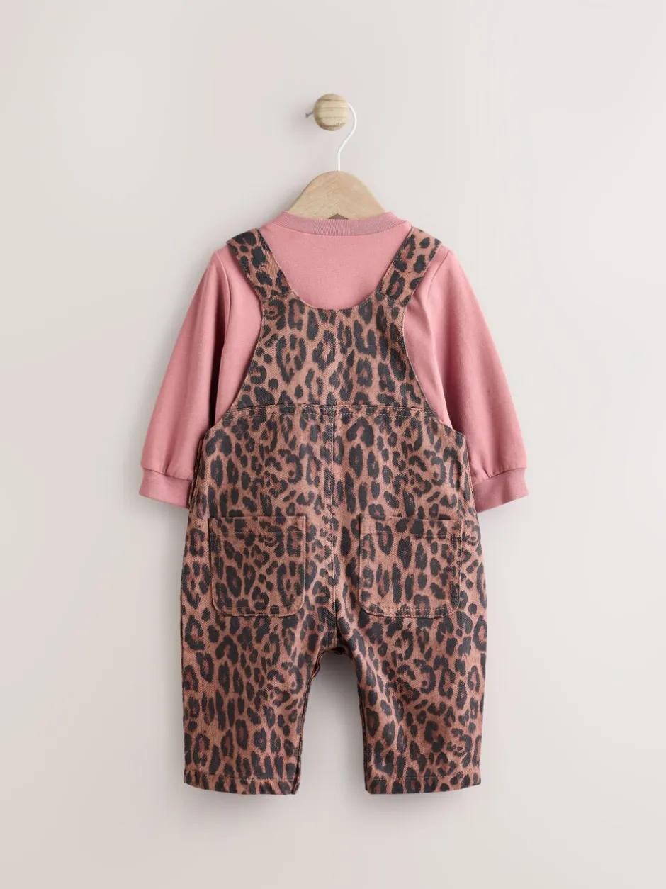 Tuinbroeken*Next - Baby Bodysuit met lange mouwen en bretelbroeken Set (0mnd-2jr) Lichtbruine luipaardprint