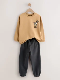 Joggingbroeken|Sweaters En Hoody´S*Next Lichtbruin/Ecru/Antracietgrijs - Set met sweatshirt en joggingbroek (3mnd -7jr)