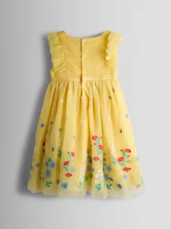 Jurken|Gelegenheidskleding|Jojo Maman Bébé - Appliqué Floral Tulle Party Dress Lichtgeel