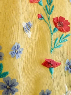 Jurken|Gelegenheidskleding|Jojo Maman Bébé - Appliqué Floral Tulle Party Dress Lichtgeel