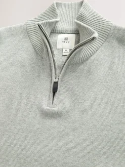 Gebreide Kleding|Next Lichtgrijs - Effen - Regular fit 100% katoenen premium trui met korte rits