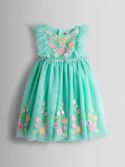 Gelegenheidskleding|Jurken|Jojo Maman Bébé - Appliqué Floral Tulle Party Dress Lichtgroen