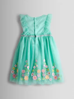 Gelegenheidskleding|Jurken|Jojo Maman Bébé - Appliqué Floral Tulle Party Dress Lichtgroen