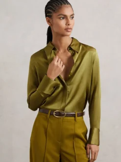 Blouses En Overhemden|Tops En T-Shirts|Reiss Lichtgroen - Ameira Silk-Satin Concealed-Placket Shirt