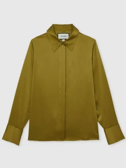 Blouses En Overhemden|Tops En T-Shirts|Reiss Lichtgroen - Ameira Silk-Satin Concealed-Placket Shirt