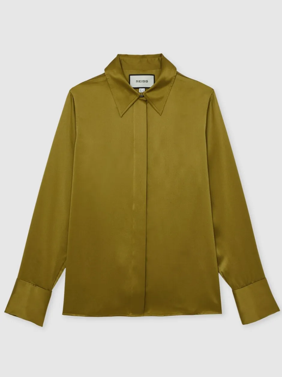 Blouses En Overhemden|Tops En T-Shirts|Reiss Lichtgroen - Ameira Silk-Satin Concealed-Placket Shirt