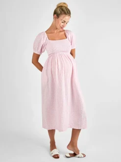 Jurken|Moederschap*Jojo Maman Bébé - gesmokte midi-zwangerschapsjurk met bloemenprint Lichtroze
