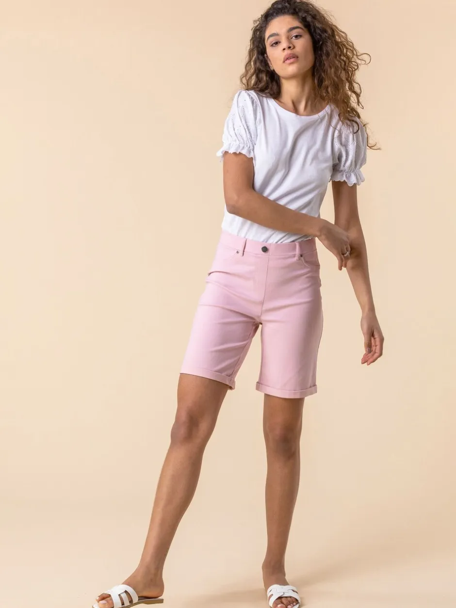 Shorts*Roman Lichtroze - stretch short met omgeslagen zoom