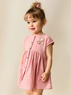 Jurken|Next - Textured Short Sleeve Dress (3mths-8yrs) Lichtroze