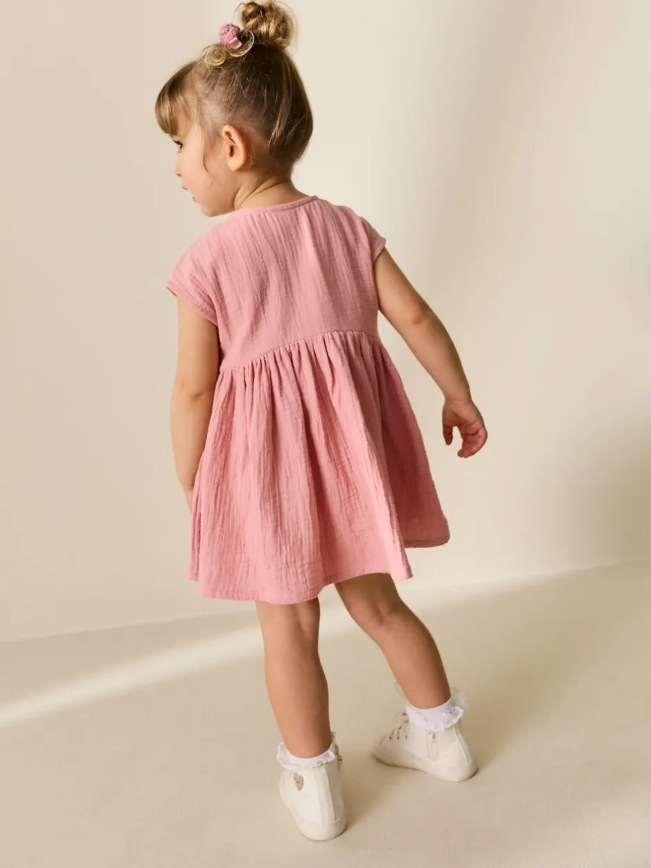 Jurken|Next - Textured Short Sleeve Dress (3mths-8yrs) Lichtroze