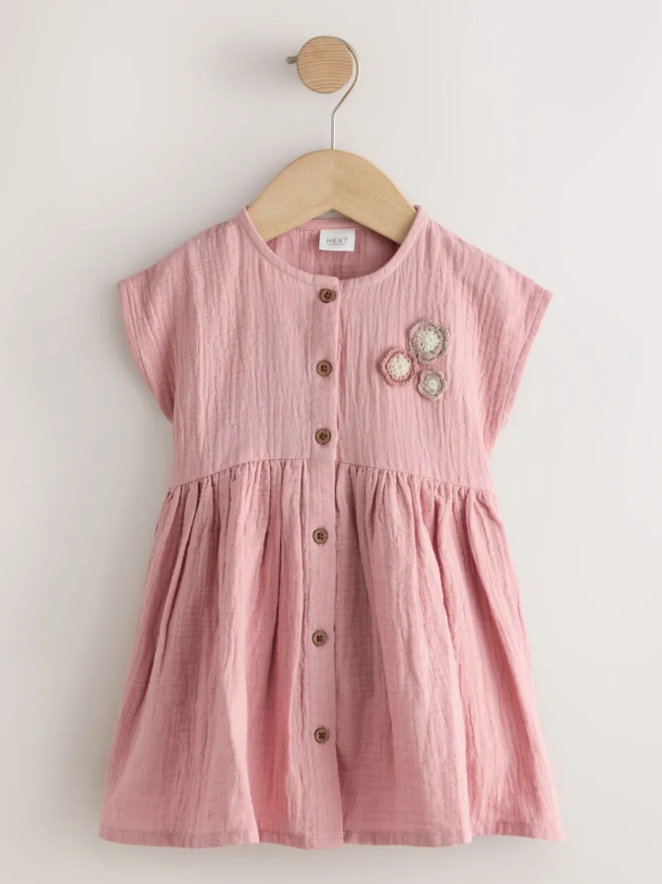 Jurken|Next - Textured Short Sleeve Dress (3mths-8yrs) Lichtroze