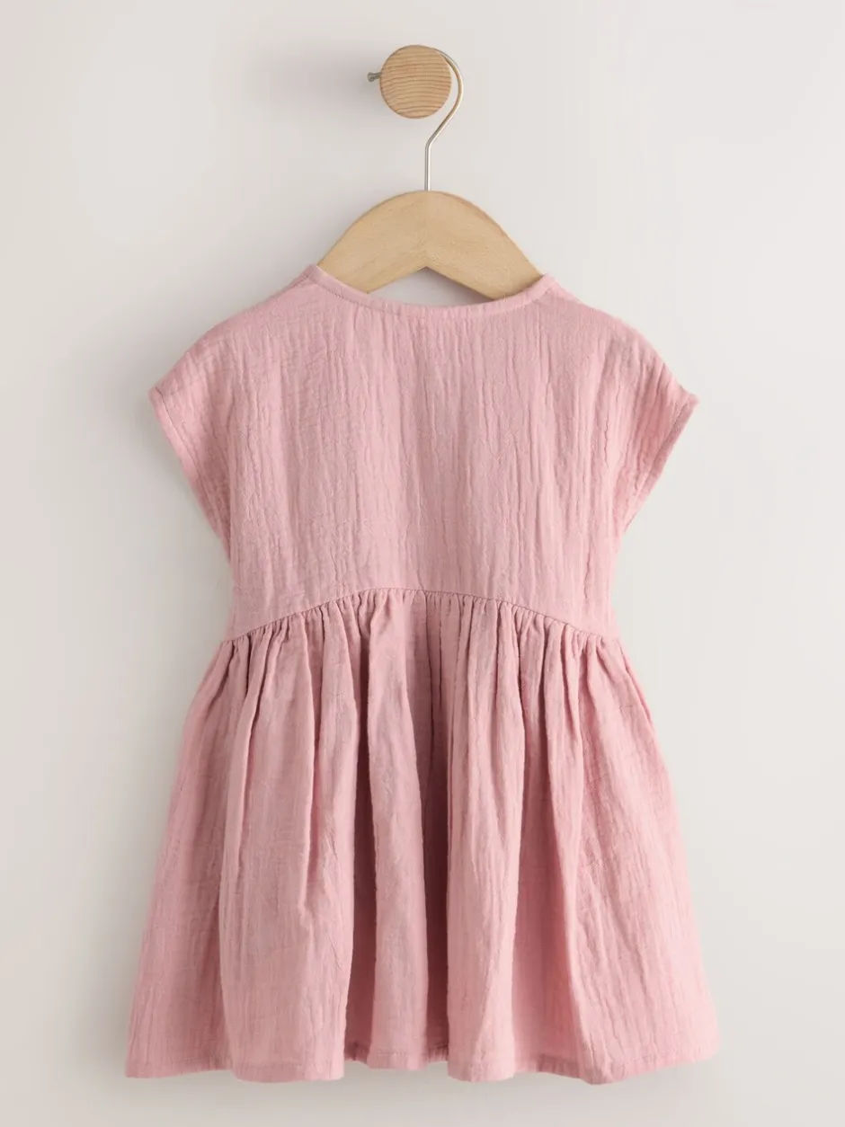 Jurken|Next - Textured Short Sleeve Dress (3mths-8yrs) Lichtroze