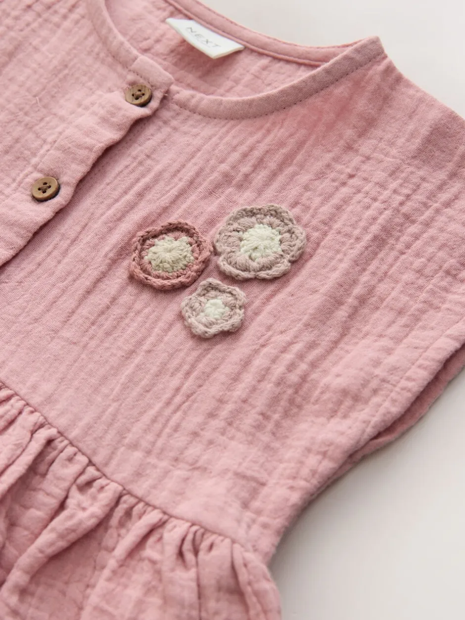 Jurken|Next - Textured Short Sleeve Dress (3mths-8yrs) Lichtroze