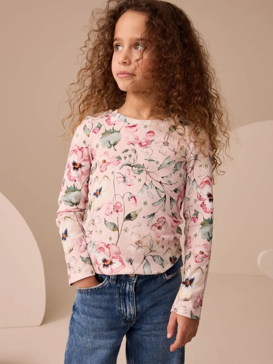 Tops|T-Shirts|Next Lichtroze met bloemenprint - Geribbelde top met lange mouwen (3-16 jr)