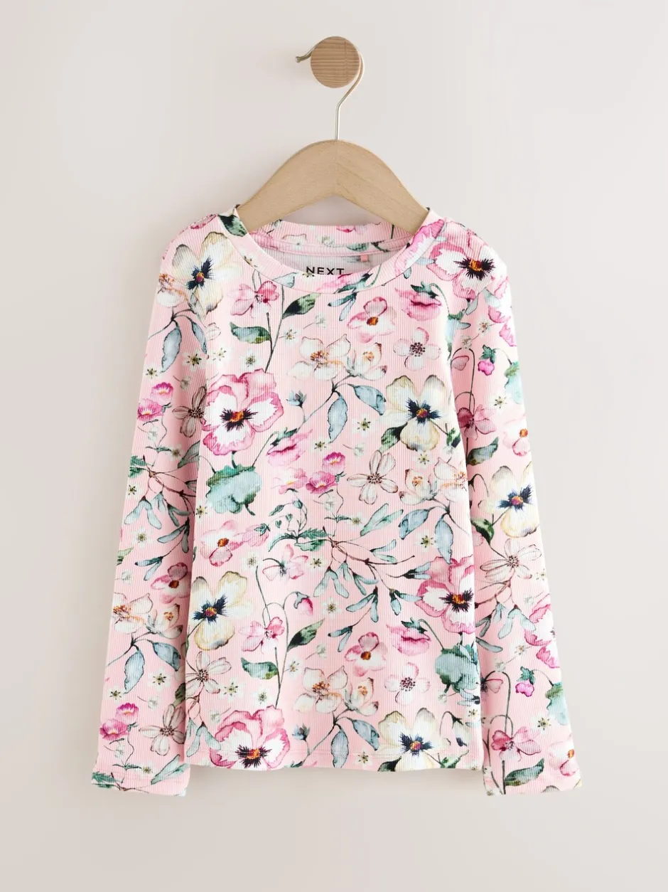 Tops|T-Shirts|Next Lichtroze met bloemenprint - Geribbelde top met lange mouwen (3-16 jr)
