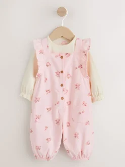 Rompertjes En Tuinbroeken|Tuinbroeken*Next - Baby Print Bodysuit met Lange mouwen en Corduroy bretelbroeken Set 2 Pieces (0mnd -2jr) Lichtroze met fijne print