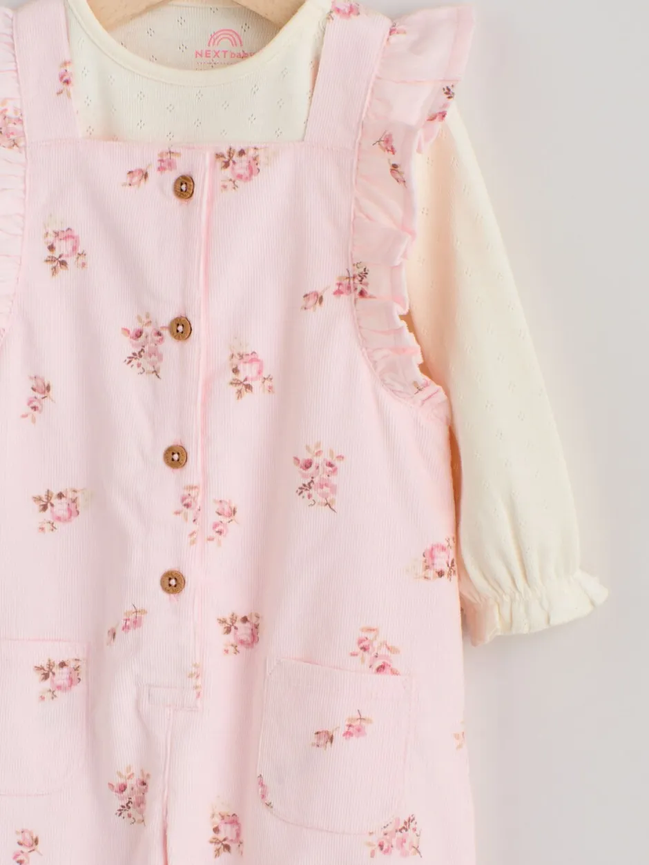 Rompertjes En Tuinbroeken|Tuinbroeken*Next - Baby Print Bodysuit met Lange mouwen en Corduroy bretelbroeken Set 2 Pieces (0mnd -2jr) Lichtroze met fijne print