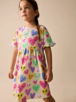 Jurken|Next - Jersey jurk met korte mouwen (3-16 jr) Light Yellow Heart Print
