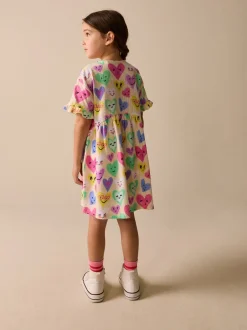 Jurken|Next - Jersey jurk met korte mouwen (3-16 jr) Light Yellow Heart Print