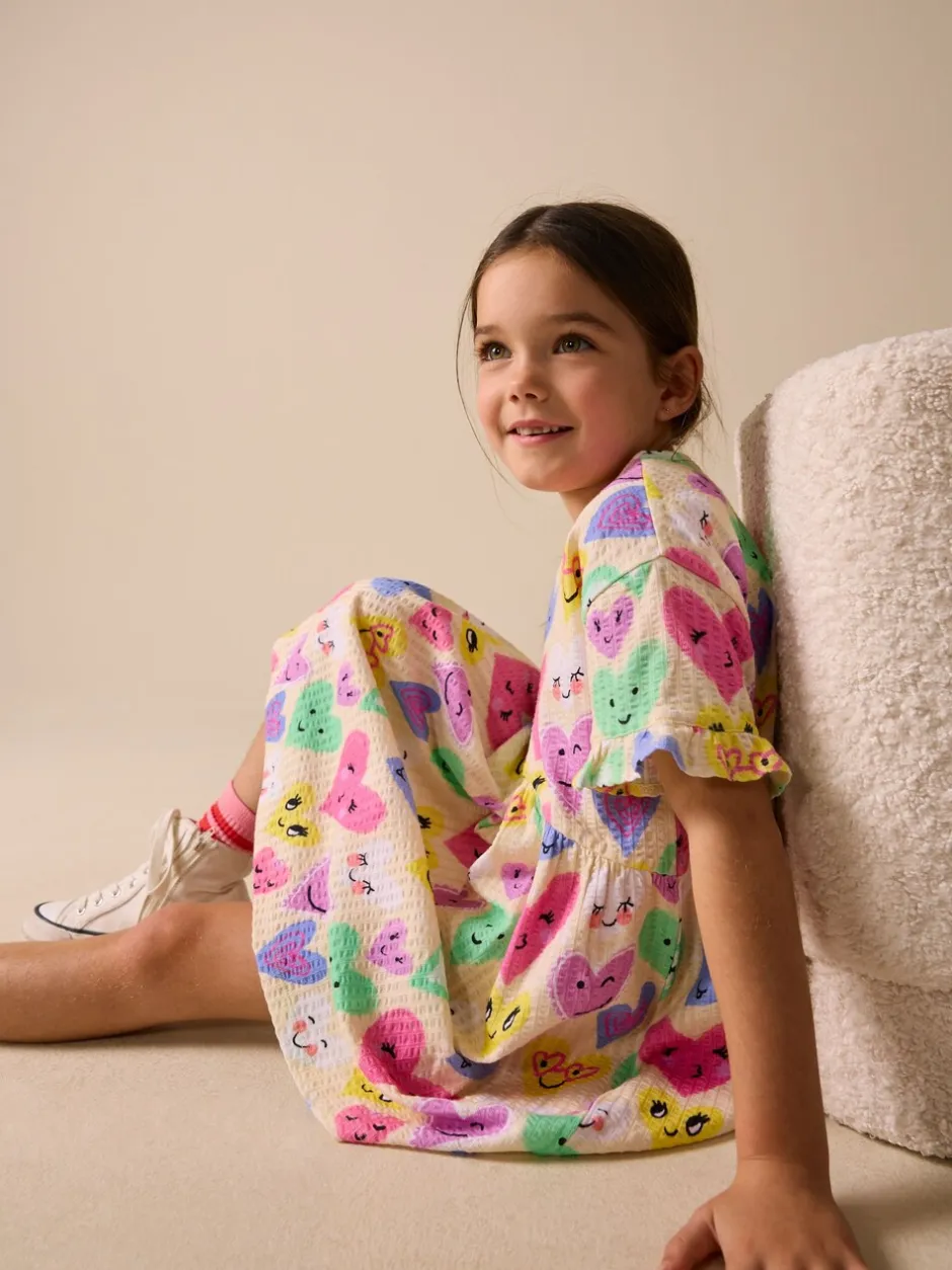 Jurken|Next - Jersey jurk met korte mouwen (3-16 jr) Light Yellow Heart Print