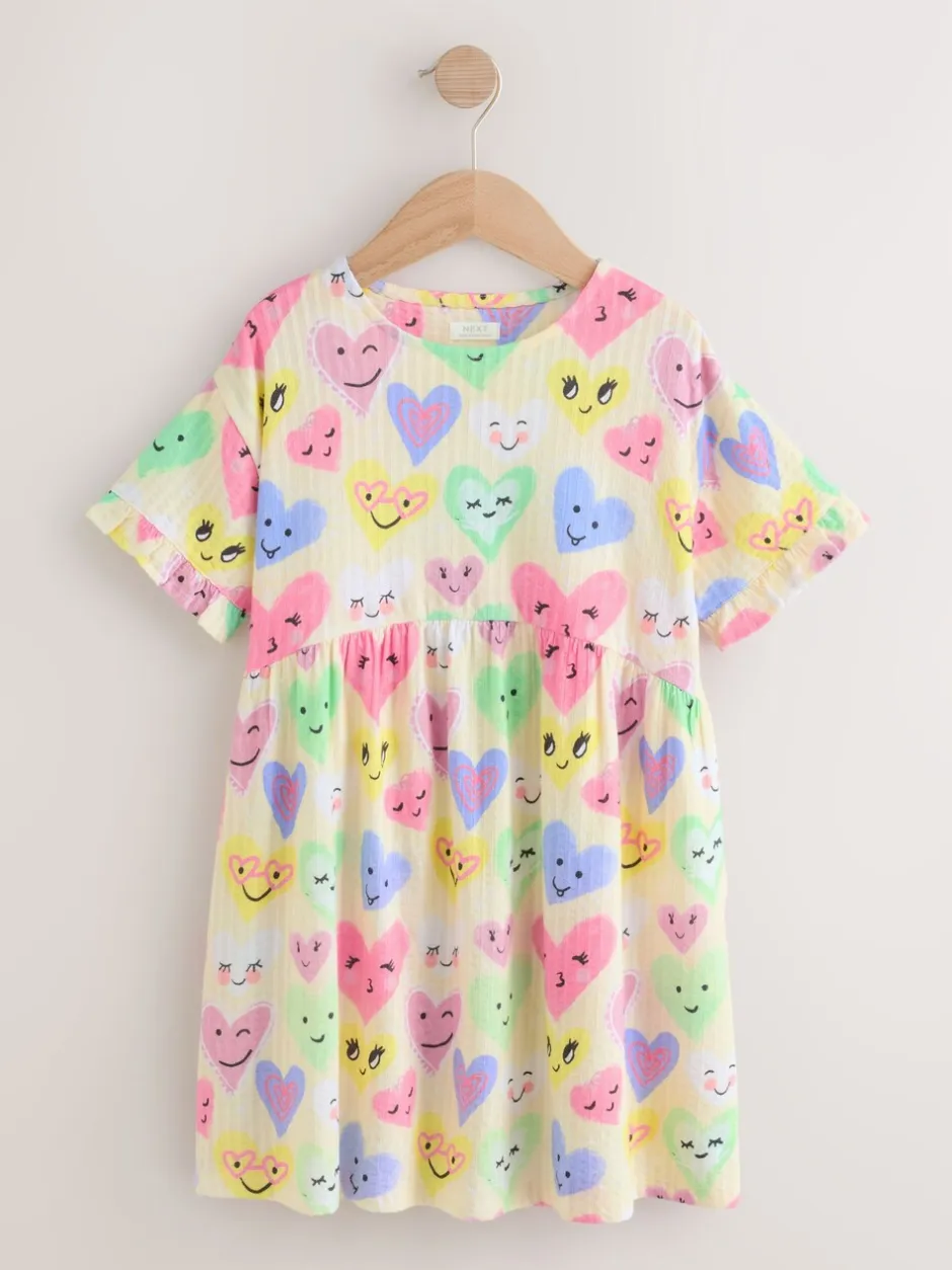 Jurken|Next - Jersey jurk met korte mouwen (3-16 jr) Light Yellow Heart Print