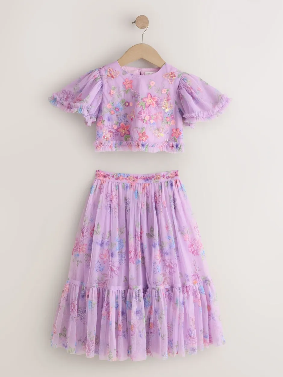 Shorts En Rokken|Next Lila-paars - Floral Embellished Top and Skirt Lehenga Set (3-16yrs)
